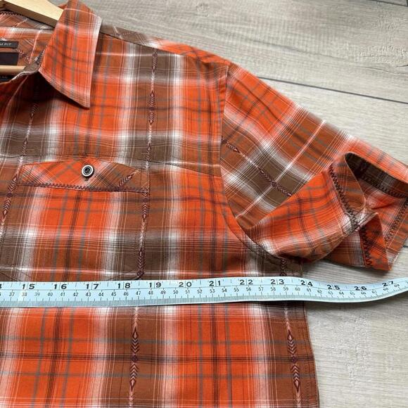 Prana Slim Fit Plaid Shirt Men Sz XL Red Brown Short Sleeve Outdoor Western Golf - Picture 7 of 9